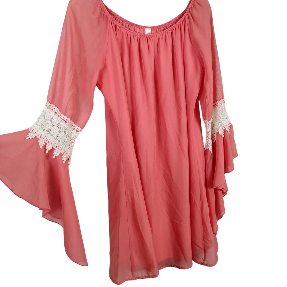 Honeyme Womens M Bell Sleeve Lace Trim Mini Dress Pink Boho Fairycore California
